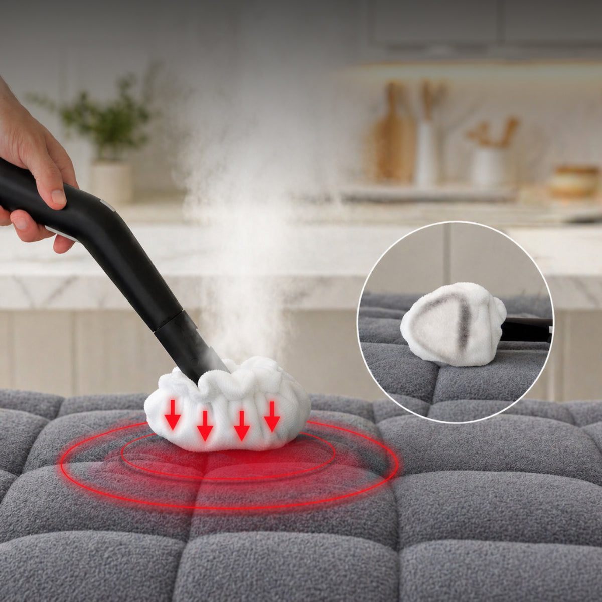 Rennoa SteamCleaner Pro med mikrofiberhuv ångtvättar grått sofftyg, och huvudet samlar upp smuts