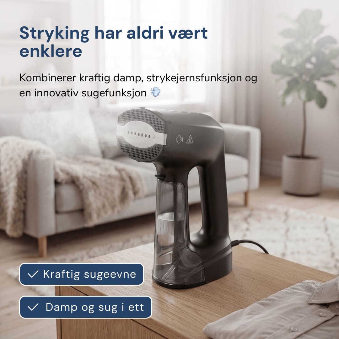 Sort Rennoa QuickSteamer på et sofabord i stuen – Strygningen har aldrig været nemmere, damp og sug i ét