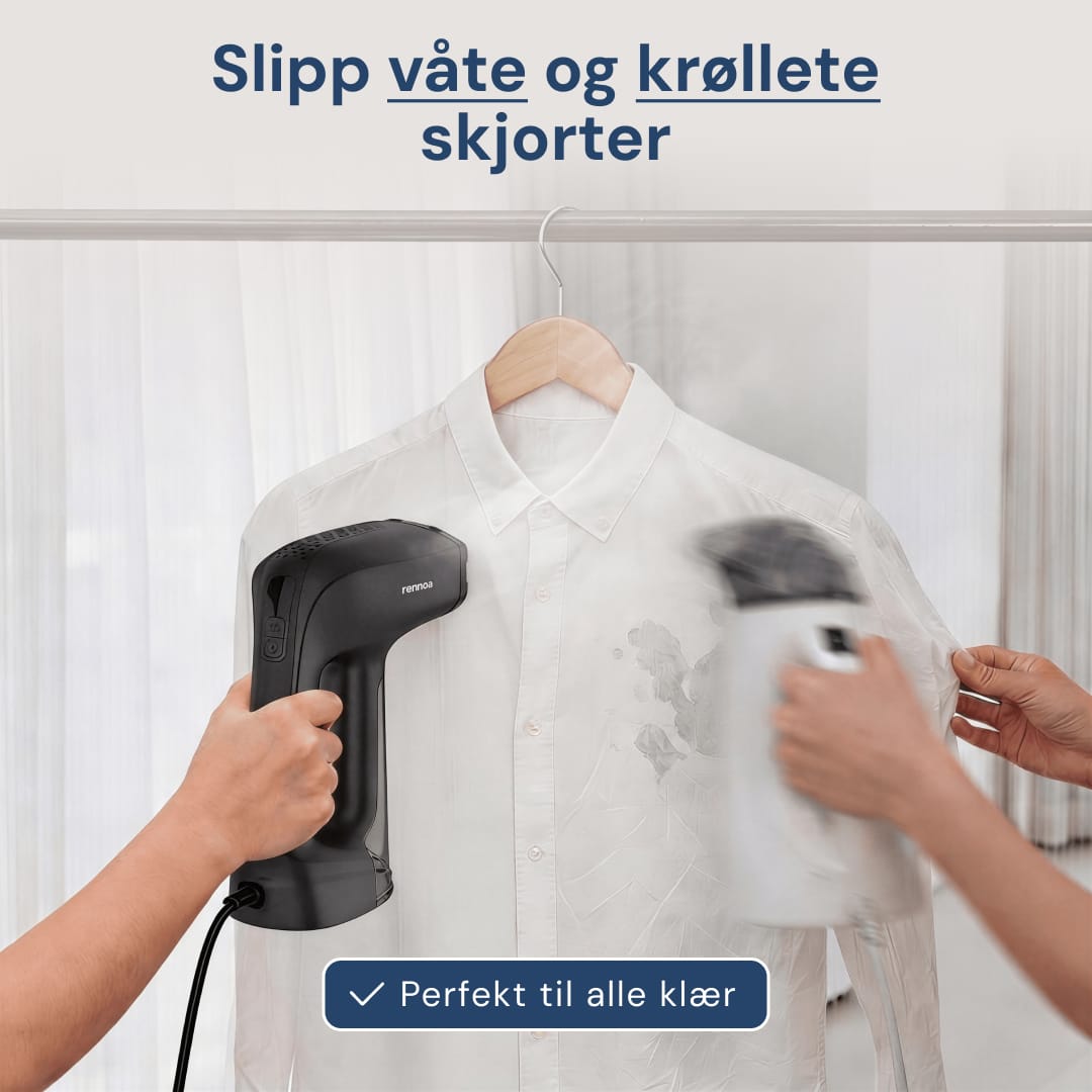 Sort Rennoa QuickSteamer damper en hvid skjorte på bøjle – Slip for våde og krøllede skjorter
