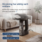 Sort Rennoa QuickSteamer på et sofabord i stuen – Strygningen har aldrig været nemmere, damp og sug i ét