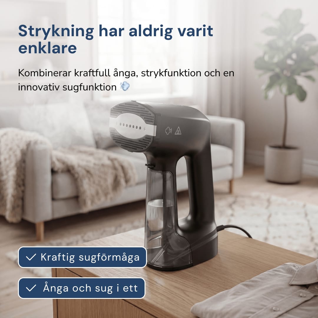 Sort Rennoa QuickSteamer på et sofabord i stuen – Strygningen har aldrig været nemmere, damp og sug i ét