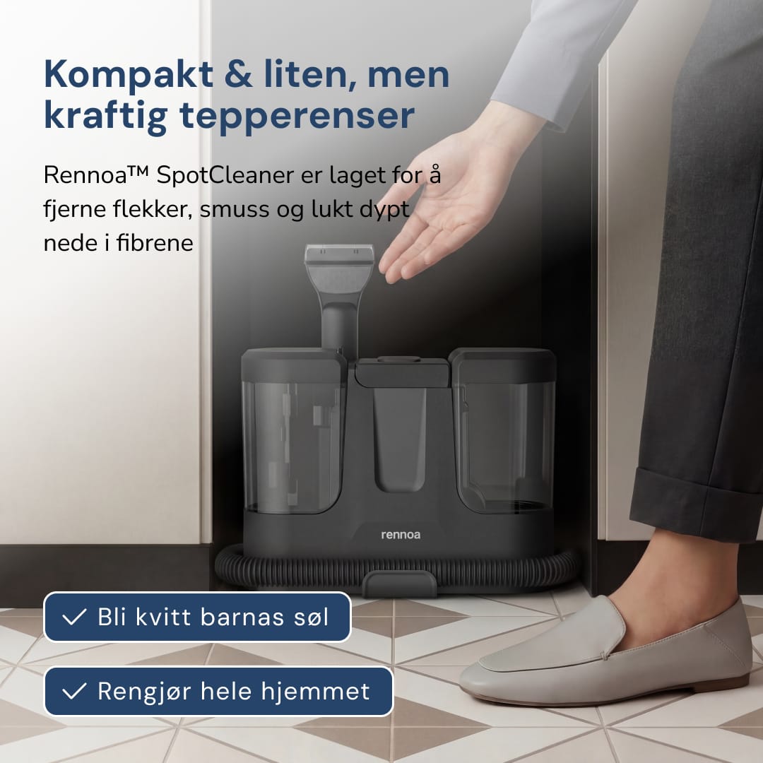 Rennoa SpotCleaner på et klinkegulv – Kompakt men kraftig tæpperenser, der fjerner pletter, snavs og lugt