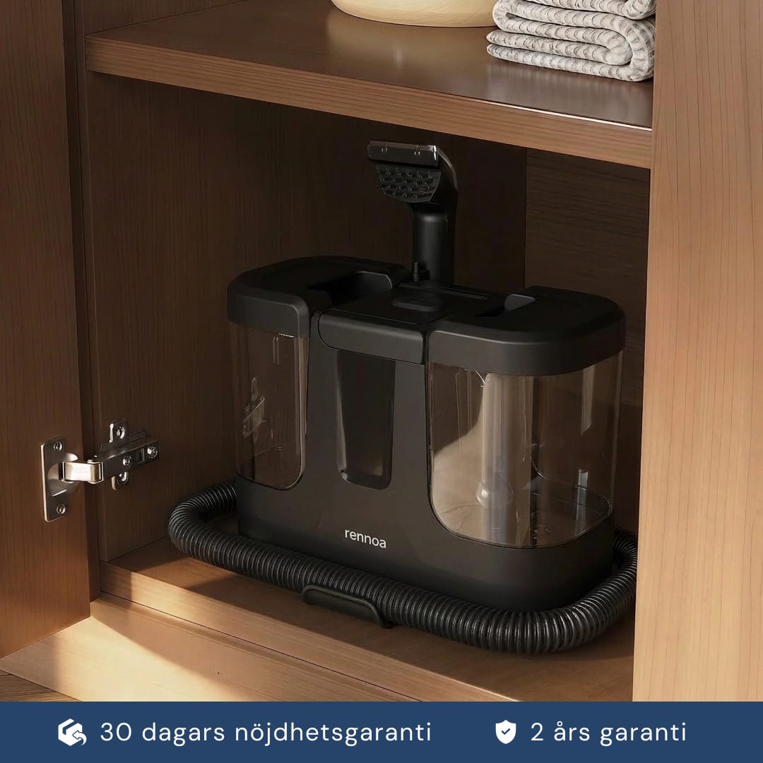 Rennoa SpotCleaner opbevaret i et træskab – 30 dages tilfredshedsgaranti og 2 års garanti