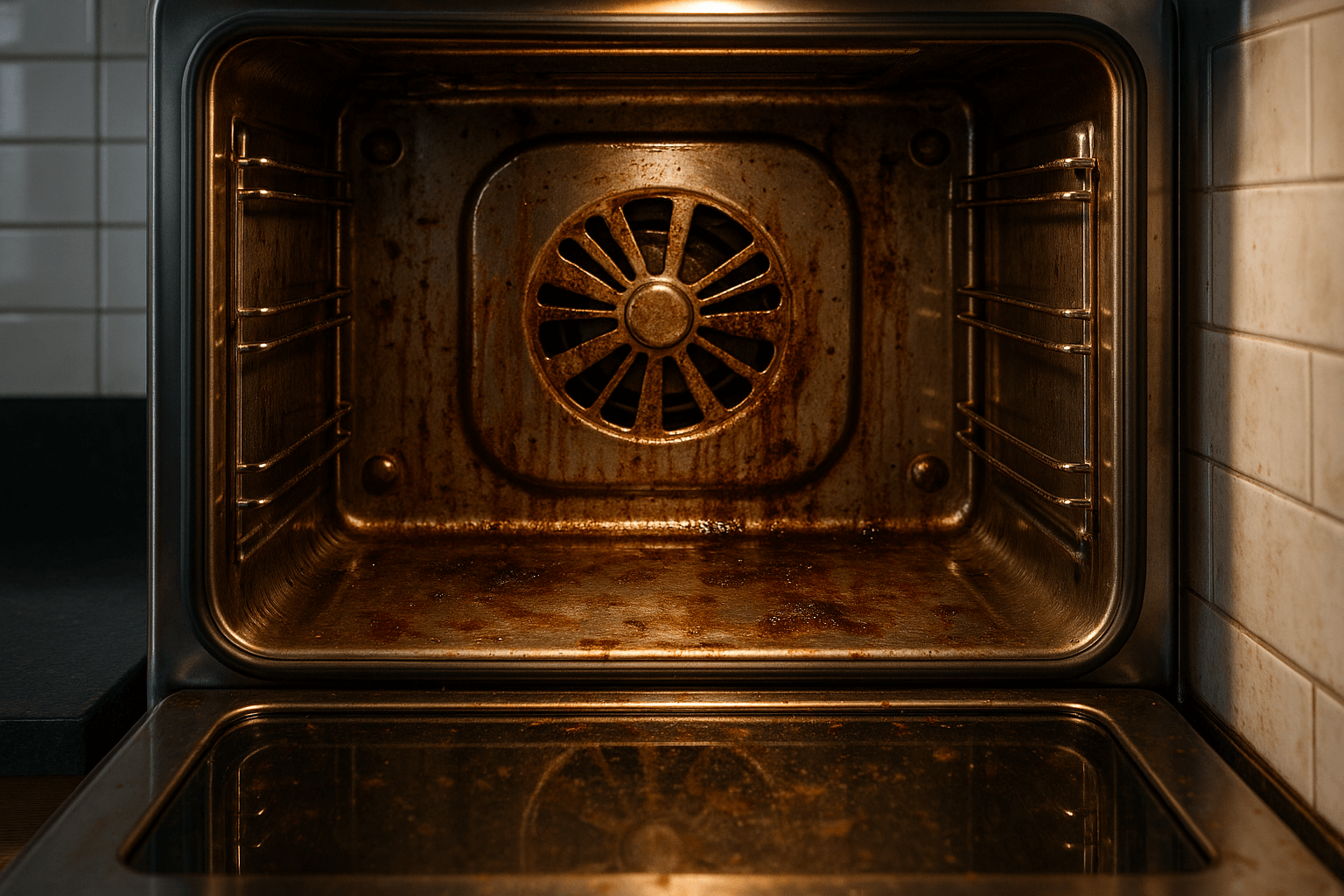 Indersiden af ovn med indbrændt fedt og madrester – en udfordring som en damprenser let kan opløse uden kemikalier.